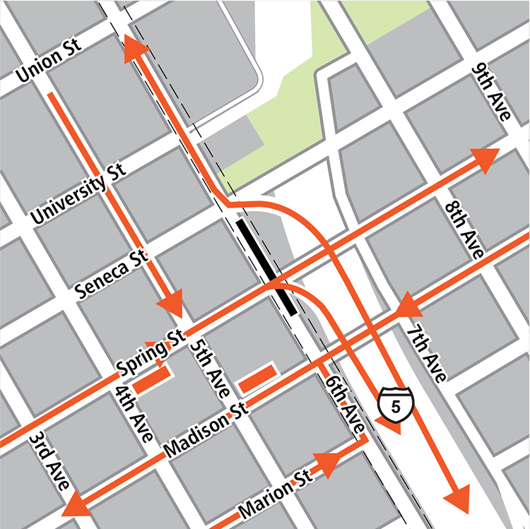 Map with boundaries of Union Street to the north, Marion Street to the south, Ninth Avenue to the east, and Third Avenue to the west. Tunnel station is under Sixth Avenue between Seneca Street and Madison Street. Bus stops are on the southeast corner of Spring Street and Fourth Avenue, and the northeast corner of Madison Street and Fifth Avenue. Bus routes run southbound on Sixth Avenue, southbound on Fifth Avenue, eastbound on Spring Street, westbound on Madison Street, and eastbound on Marion Street.
